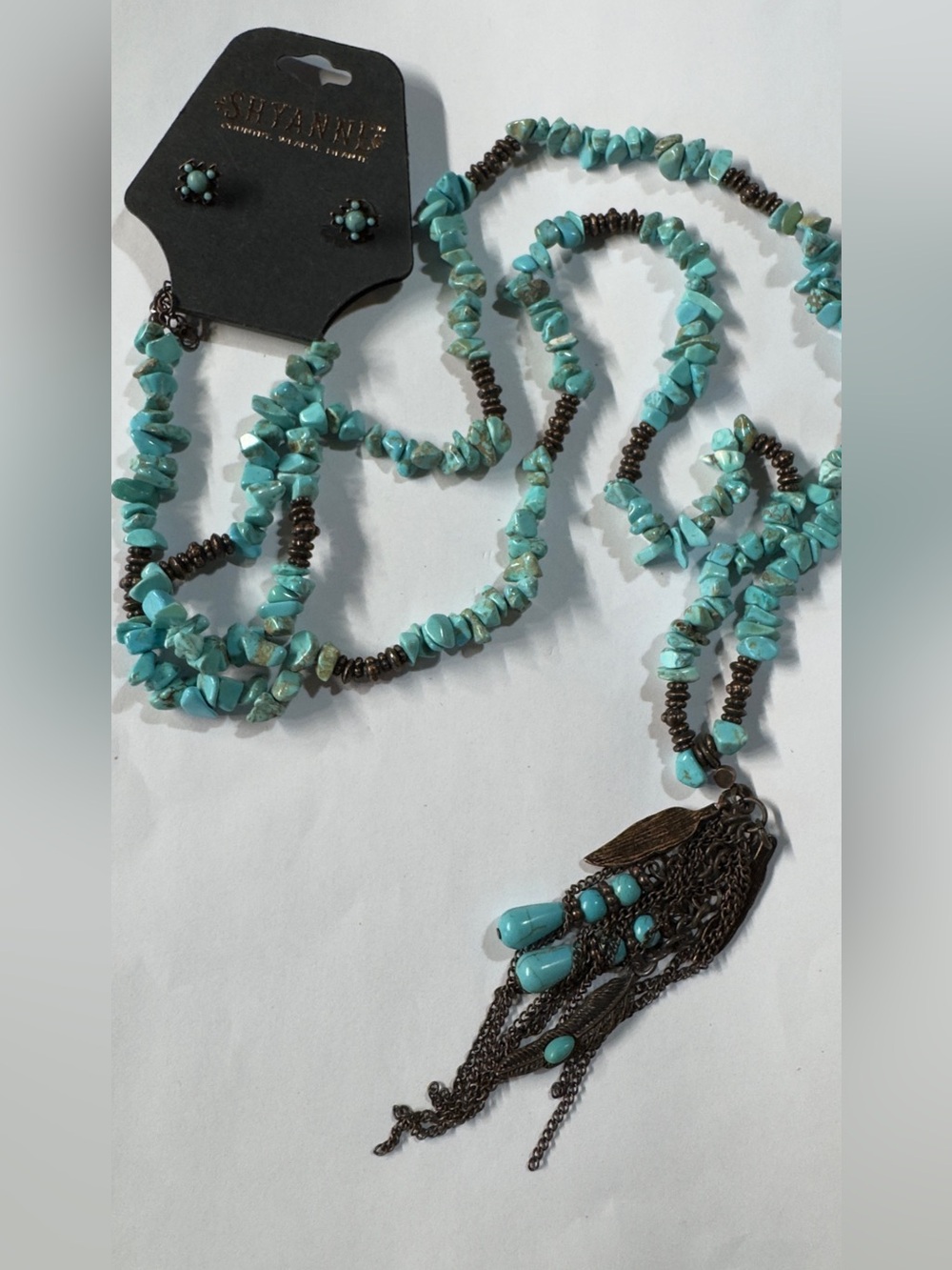 19”adjustable Shyanne Turquoise Chip Bead Necklace with Tassel & Matching Studs